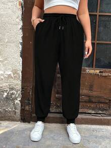 SHEIN PETITE Petite Women Textured Crepe Elastic Waist Slim Fit Casual Pants - Black - View 4