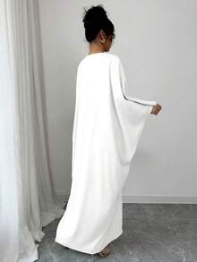 Elenzga 中东风格宽松亚麻连衣裙，配金色领子 - 白色 - 查看 2
