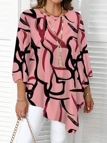 EMERY ROSE Plus Size Summer Casual All-Over Print Asymmetric Hem Shirt - Coral Pink - View 3