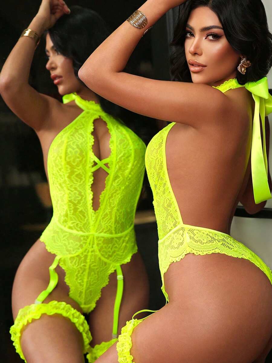 Seduluxe Set de 2 piezas Mono de encaje para mujer, mono clásico sexy sin aros y liguero - Verde - Ver 1