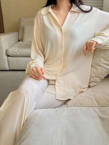 DAZY Minimalist Knit Lightweight Loose Women Pajama Set - Beige - View 5