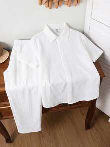 两件套男童休闲学院风舒适时尚简约实用柔软波浪纹理 Polo 领短袖 T 恤和松紧腰长裤套装，适合秋季、春季、夏季穿着，适合日常穿着、户外活动、上学、街头风、派对和休闲场合。 - 彩色 - 查看 1