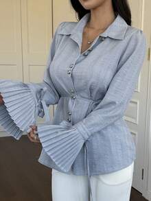 DAZY Women's Casual Textured Plaid Pleated Waist Belt Shirt, Spring/Summer - Blue - View 3