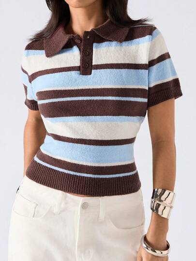 LYSMO 女士撞色短袖条纹针织毛衣