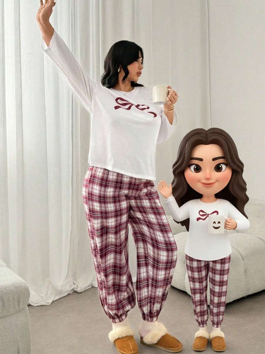 Auralis Women's Casual Daily Homewear Valentine's Day Vintage Solid Color Round Neck Long Sleeve Bow Print & Red Plaid Belted Ankle Pants 2-Piece Set/Plus Size Casual Homewear Set/Back To School Set/ Valentine's Day /Valentine Outfits For Women Loungewear Women Sleep Wear Women Lounge Wear Pajama Sets For Women Comfy Sets Women Comfy Lounge Wear Women's Lounge Wear Women's Pajama Set Long Sleeve Top Plaid Pajama Pants - Multicolor - View 1
