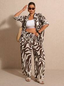 Elaquor Damen Große Größen Set aus Kimono Hemd und Hose mit Zebramuster, Langarm - Verschiedenfarbig - Übersicht 4