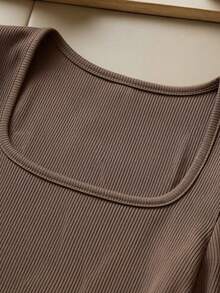SHEIN Franclia Women's Casual And Elegant Coffee Brown Square-Neck Puff-Sleeve Ribbed Slim-Fit Top+Black Short Loose Culottes With Belt,Suitable For Daily Wear Party And Romantic Dates,Vacation Short Skirt Belted Skirt Top And Skirt Set Puff Sleeve Top Tops For Women Elegant Puff Sleeve Top Women Full Sleeve Tops Blouses For Women Elegant For Party Women's Skirt And Top Set Women Elegant Outfits Tops For Women Elegant Classy Women's Long Sleeves Tops Office Dresses For Ladies - Coffee Brown - View 6