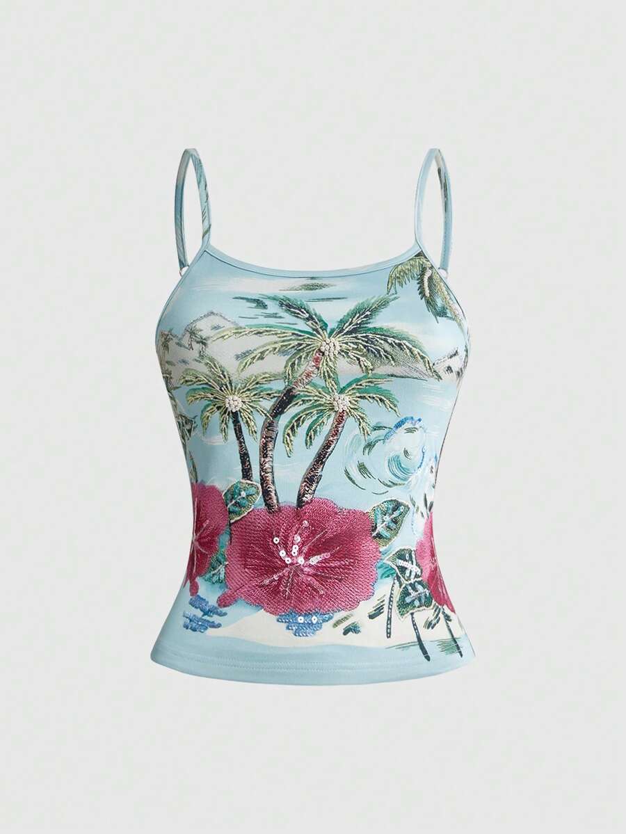 ROMWE Vacation Style Tropical Coconut Tree & Floral Sequin Embroidery Beaded Fitted Tank Top For Women - Multicolor - View 1