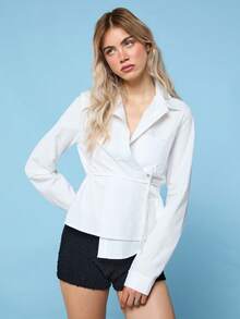 COUREZ 长袖裹身修身衬衫 / Y2K 夏季女装 白色衬衫 沙滩装 度假装 泳装 夏季度假外出装 - 白色 - 查看 7