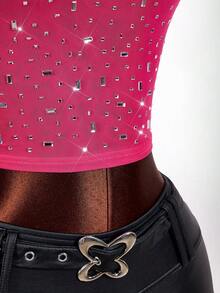 Amplova 2026 New Rhinestone Embellished Low-Cut Basic Top - Pink - View 10