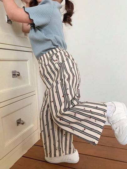 DAZY Baby Girls Elastic Waist Striped Floral All-Over Print Loose Casual Bottoms