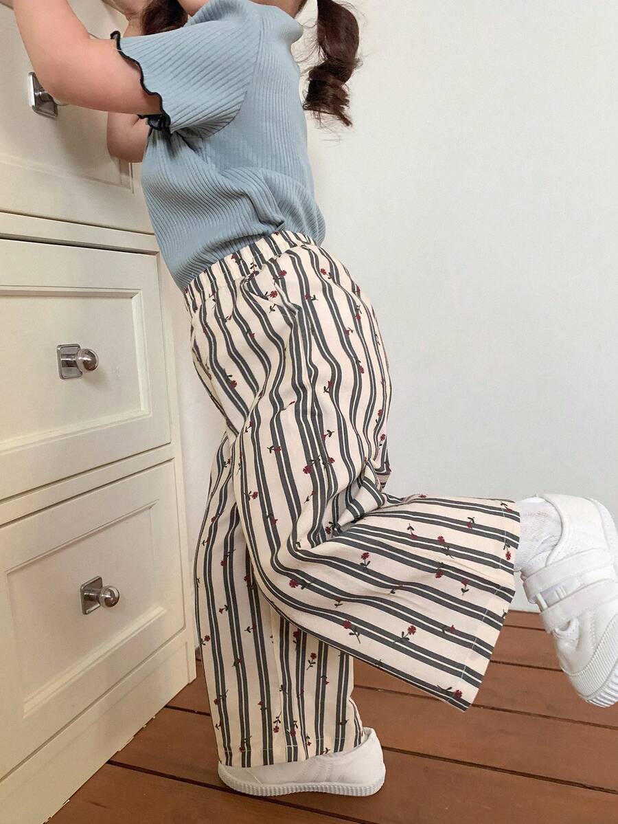 DAZY 女婴弹力腰带条纹印花宽松休闲裤 - 杏色 - 查看 1