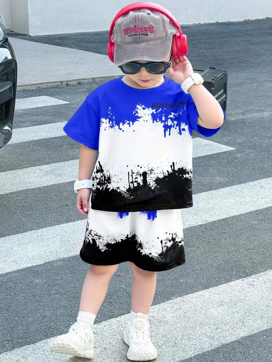 SHEIN Little Byeori 2pcs/Set Young Boys' Casual Comfortable Versatile Splatter Print Short Sleeve Top And Shorts Set, Suitable For Spring And Summer - Royal Blue - View 1