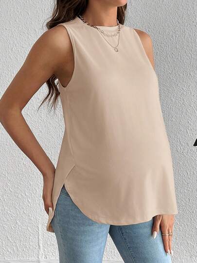 SHEIN 孕妇休闲日常通勤纯色弧形下摆背心，夏季