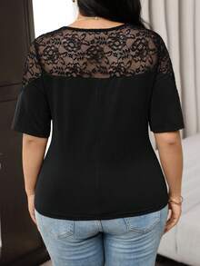 Feyla Plus Size Solid Color Lace Patchwork V-Neck Short Sleeve T-Shirt - Black - View 2