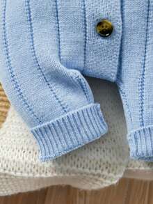 SHEIN 新生女宝宝可爱秋冬多功能针织连体衣，带脚套和帽子套装 - 藍色 - 查看 6