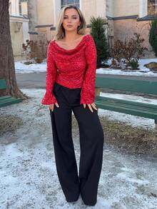 Jeta Ari Women's Long Sleeve Backless Sequin Fashionable Plunging Neck Fitted Flare Sleeve Top Red Sequin Top Dark Red Top Sparkle Top Glittery Top - Red - View 1