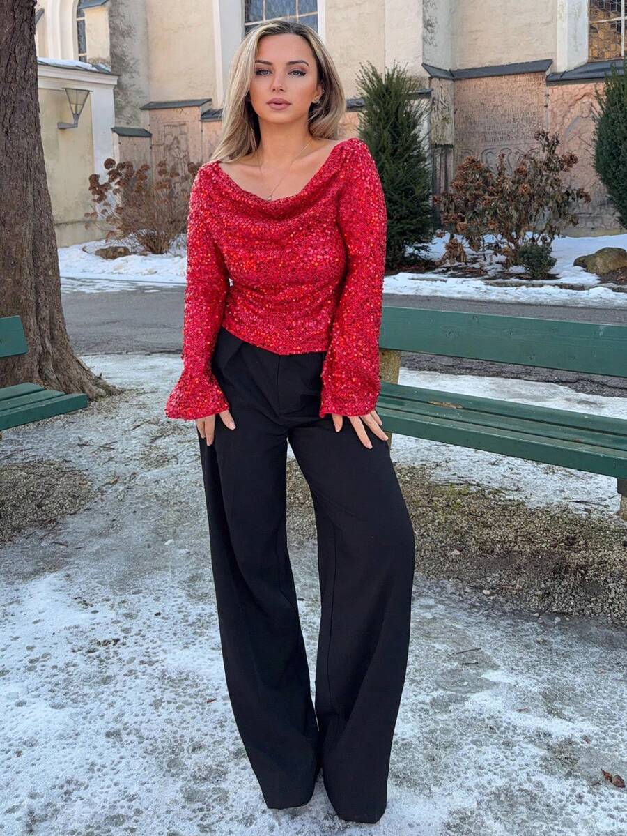 Jeta Ari Women's Long Sleeve Backless Sequin Fashionable Plunging Neck Fitted Flare Sleeve Top Red Sequin Top Dark Red Top Sparkle Top Glittery Top - Red - View 1