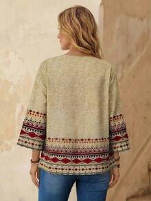 EMERY ROSE Camisa de mujer de cuello redondo con patrón geométrico y manga 3/4, adecuada para otoño/invierno, camisas bohemias de mujer, casual - Multicolor - Ver 2