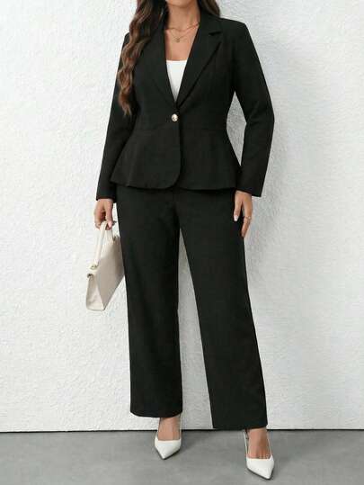 Traje para mujer elegante, conjunto de 2 piezas, saco con faldón, blazer formal entallado de solapa clásica y botón dorado, Pantalón con botones dorados decorativos conjunto profesional cómodo, ideal para oficina, eventos, reuniones empresariales y atuendo ejecutivo sofisticado tallas plus tallas extra