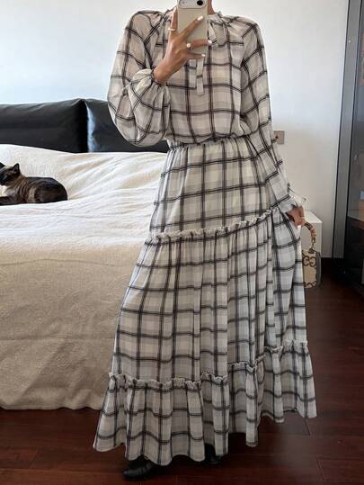 DAZY Women's Casual Commuter Plaid Shirt And Skirt 2 Pieces Set