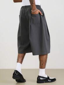 TOKVUE Men's Casual Everyday Commute Solid Color Elastic Waist Pleated Loose Wide Leg Cropped Pants - Dark Grey - View 2