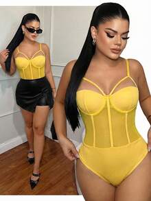 SHEIN SXY 女士性感黑色网纱拼接胸衣吊带背心，带胸带装饰，春夏款 - 黃色 - 查看 4