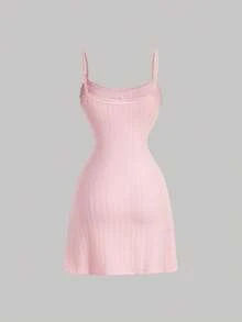 SHEIN MOD 女士迷你碎花蕾丝边针织连衣裙，夏季迷你裙 - 粉色 - 查看 5