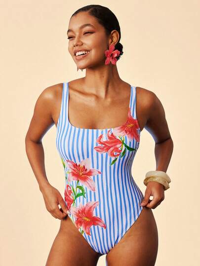 Travachic 1pc Women Abstract Line Star Print Allover Print Square Neck One-Piece Swimsuit, Suitable For Beach In Summer,Summer Outfits For Women,Swimsuits For Woman,Bathing Suits For Women,Beach,Beach Outfits For Women,Beach Set,Going Out,Vacation,Vacation Outfits Women,Holiday,Summer,Summer Clothes,Summer Outfits For Women,Valentine's Day,Carnival,Carnival Costume,Party ,Going Out,Going Out Outfits,Casual,Elegant,Y2k,Flower,White ,Red ,Pink