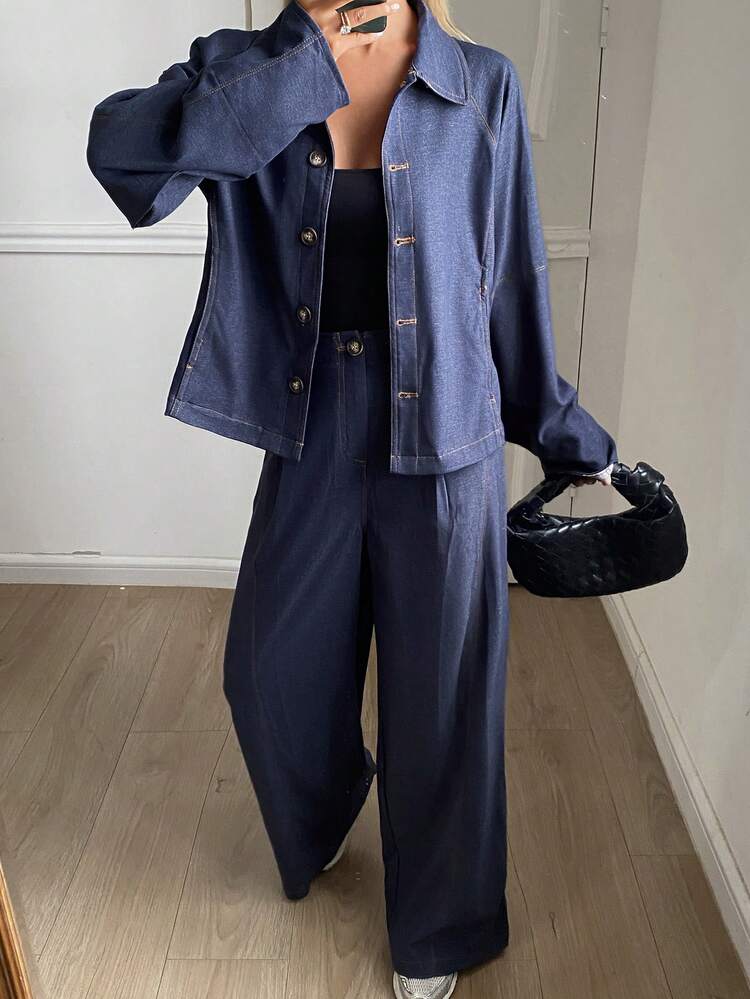 Women's Fashion Casual Single-Breasted Top & Wide-Leg Pants 2 Pieces Set