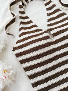 Teen Girls Casual Vacation Back-To-School Western Beach Boho Tropical Elegant Strapless Cold-Shoulder Backless Halter Striped Mini Dress, Suitable For Wedding Guest, Graduation, Brunch, St. Patrick's Day, Spring Break, Easter, Music Festival - Multicolor - View 3