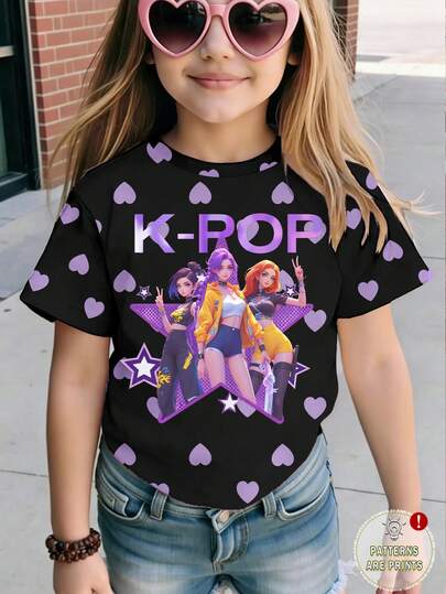 Toddler Girls' Casual Comfortable Elegant Cute, Girl Group Heart & Letter Print Round Neck Short Sleeve T-Shirt