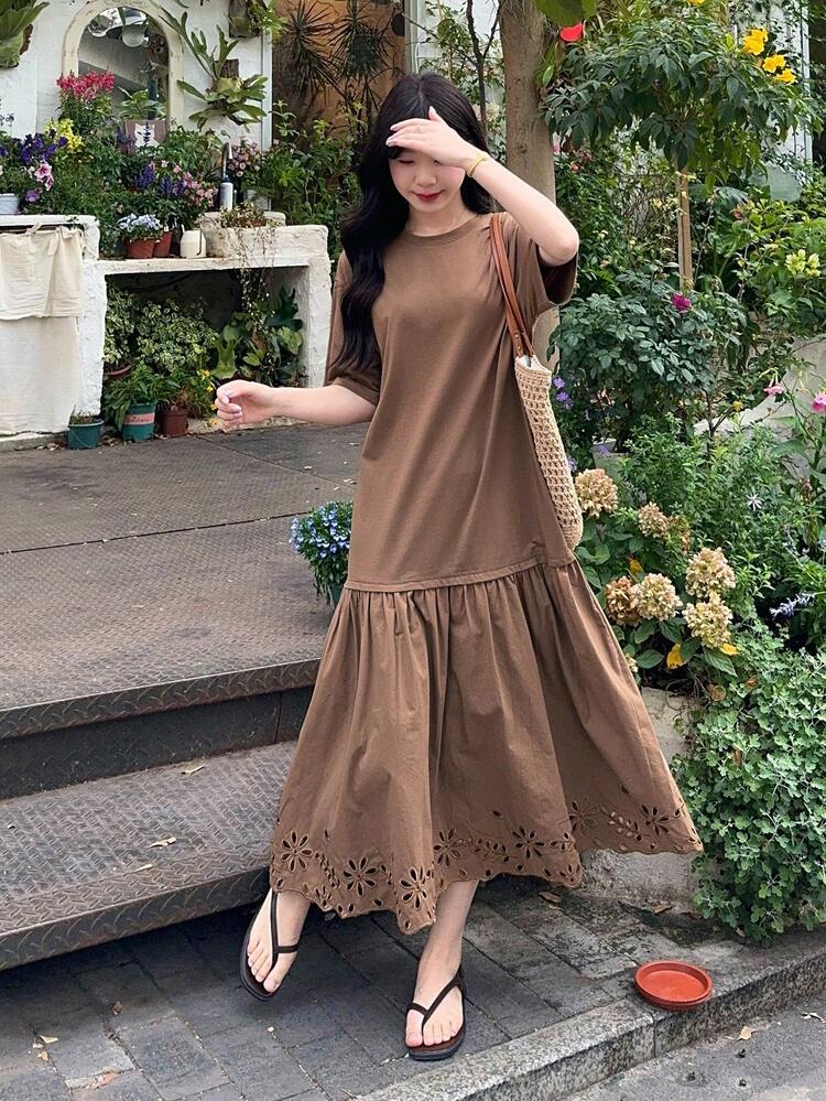 Women's Solid Color Round Neck Short Sleeve Pleated Hollow Lace Trim Long Dress, Summer Fashion