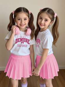 两件套休闲时尚夏季标语印花短袖上衣和迷你裙，白色T恤和粉色百褶裙 - 彩色 - 查看 1