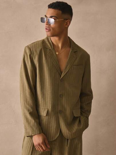 Musero 超大条纹翻领西装外套，双翻盖口袋，剪裁考究，春夏必备单品