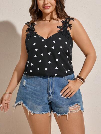 Comfylo Plus Size Heart Print Applique Sleeveless Elegant Blouse