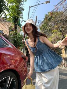 DAZY 韩版女士吊带荷叶边牛仔衬衫 - 藍色 - 查看 9