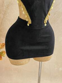 Soleia Women's Suede Strapless Mini Dress, Waist Cutout, Suitable For Music Festival, Party, Bohemian, Beach - Black - View 7