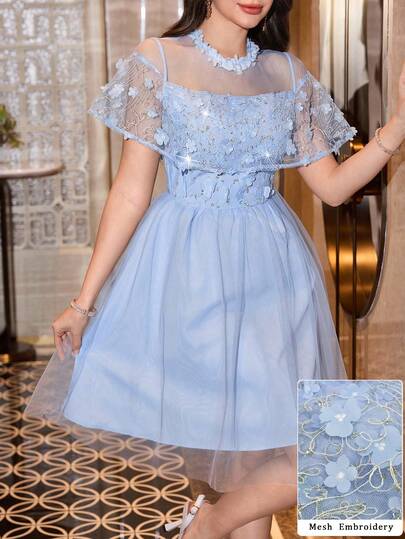 Modelyn Women's French Elegant Blue 3D Floral Mesh Shawl Sleeve Cinched Waist Dress