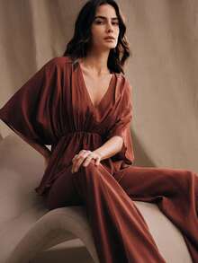 Anewsta Spring New V-Neck Batwing Sleeve Cinched Waist Loose Women Shirt - Burgundy - View 3