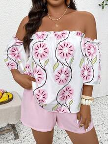 SHEIN Frenchy 大码女式印花露肩上衣和短裤休闲两件套 - 藕粉色 - 查看 3