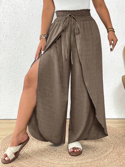 SHEIN Frenchy Plus Size Women Linen Look Tie Knot High Waist Shirred Wide Hem Pants, Beach Holiday Style