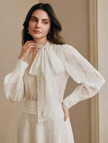 Anewsta Spring New Design Hollow Embroidery Solid Color Ribbon Long Sleeve Blouse For Women - White - View 4