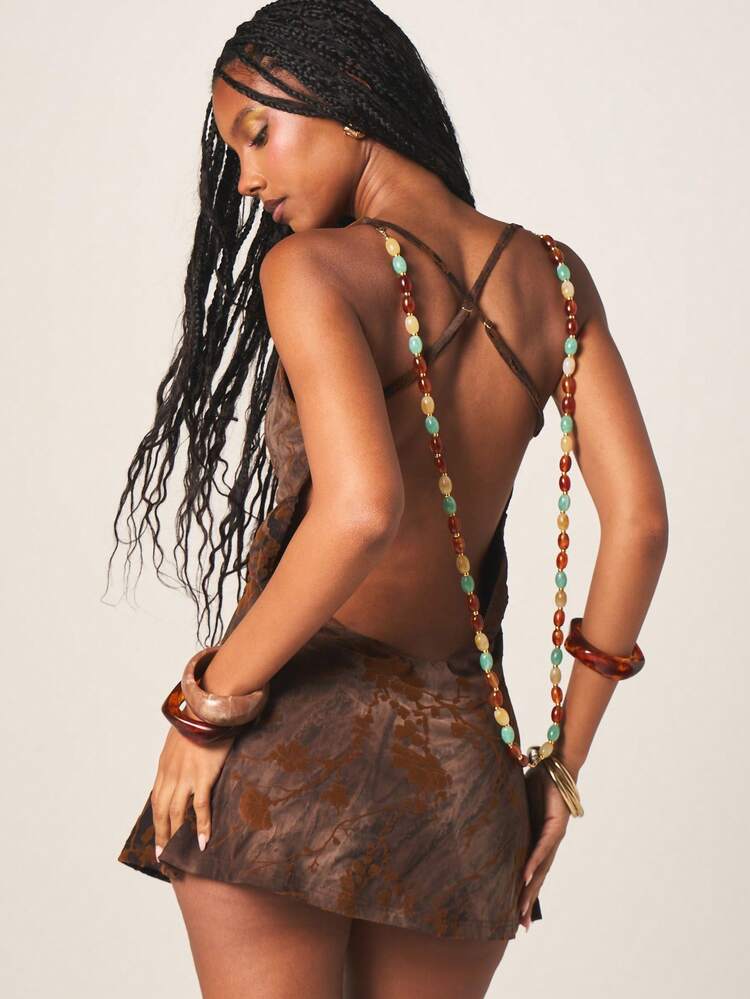 MISSGUIDED Backless Mini Dress With Deep V Plunge Neckline Floral Brown Pattern Criss Cross Straps Summer Party Evening