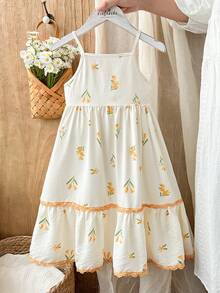 Vintaside Kids Gaun Anak Perempuan Gaya Pedesaan Motif Bunga Kecil, Elegan, Imut, Motif Bunga Kuning, Cocok untuk Musim Semi/Panas - Kuning - View 6