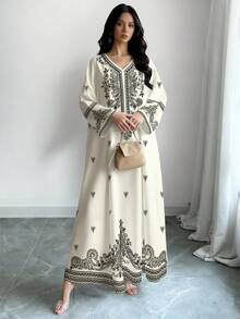 SHEIN Najma 腰果花藤印花加大码女式长裙，春夏时尚V领长袖连衣裙，优雅阿拉伯服饰 - 彩色 - 查看 4