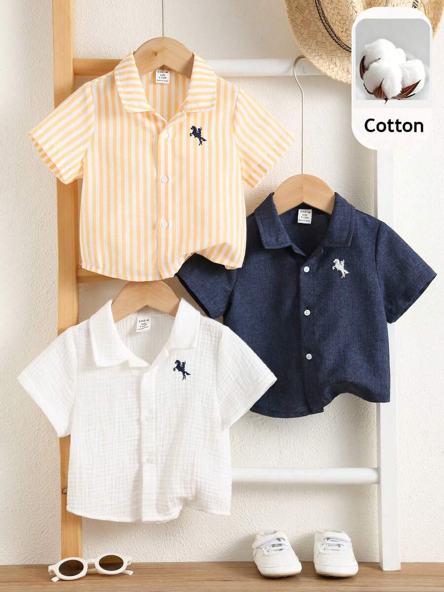 SHEIN 3件套男婴夏季休闲百搭格子、条纹、印花短袖衬衫套装，适合生日派对、锐舞派对、晚宴、演出、婚礼、迎婴派对、一周岁生日庆祝等场合。 - 彩色 - 查看 1