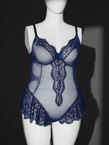 Spicy Aura Macacão Lingerie Plus Size Feminino com Laço, Renda e Contraste de Tule em Cor Sólida - Azul Royal - Visão 8