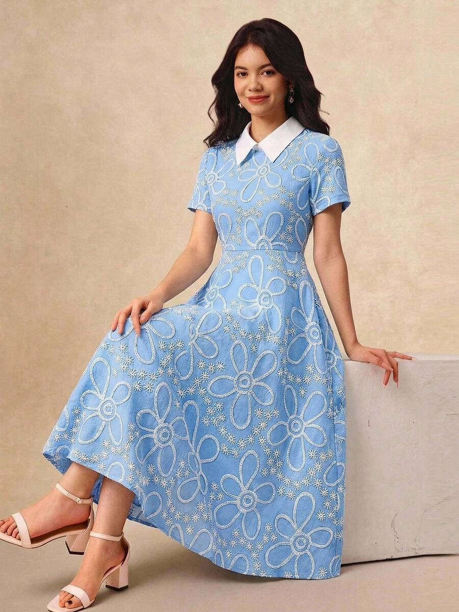 SHEIN Diamond Collar Jacquard Textured Fabric A-Line Maxi Skirt, Elegant High Waist Snug Fit, Fashion & Graceful For Teenage Girls In Summer - Blue - View 1