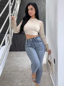 Vassilux Jean skinny stretch taille haute avec boutons décoratifs, effet usé Y2K, doublure thermique, avec poches, denim épais pour automne & hiver, pour femmes de petite taille - Jean clair - Voir 6